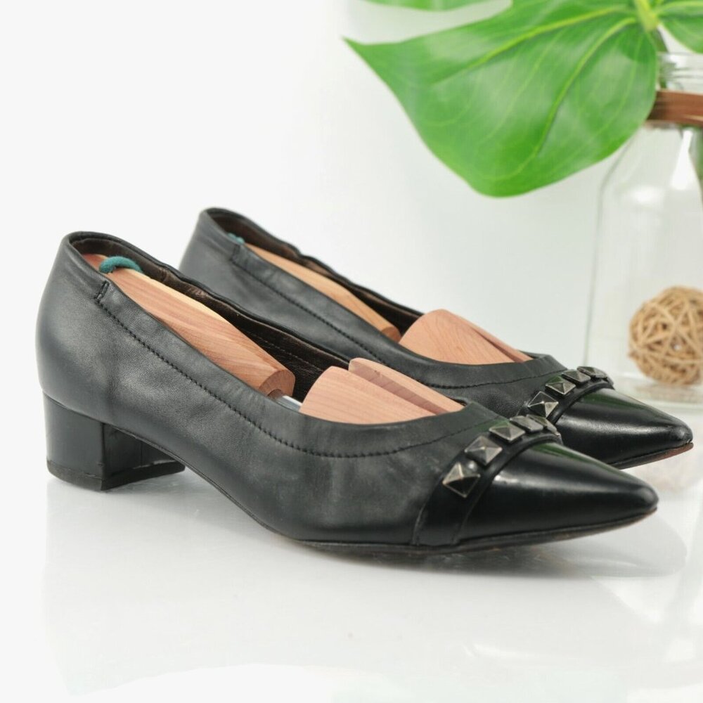 AGL Womens Pump Size 37.5 7.5 Black Leather Pointed Block Heel Pyramid Studded - Picture 2 of 12